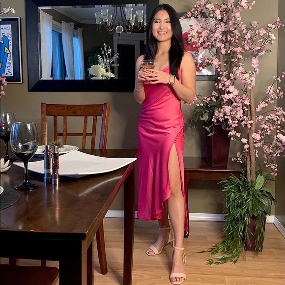 Fuchsia Satin Slip Midi Dress - Picture 8 of 10